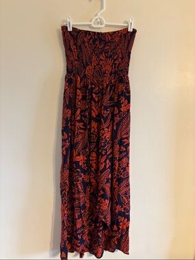 Strapless Floral Max Dress Coverup - Navy & Coral